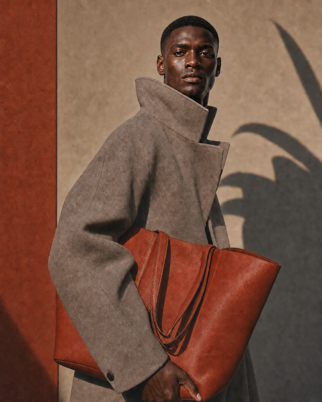 SAHAN campaign model carrying a chocolate-brown leather bag